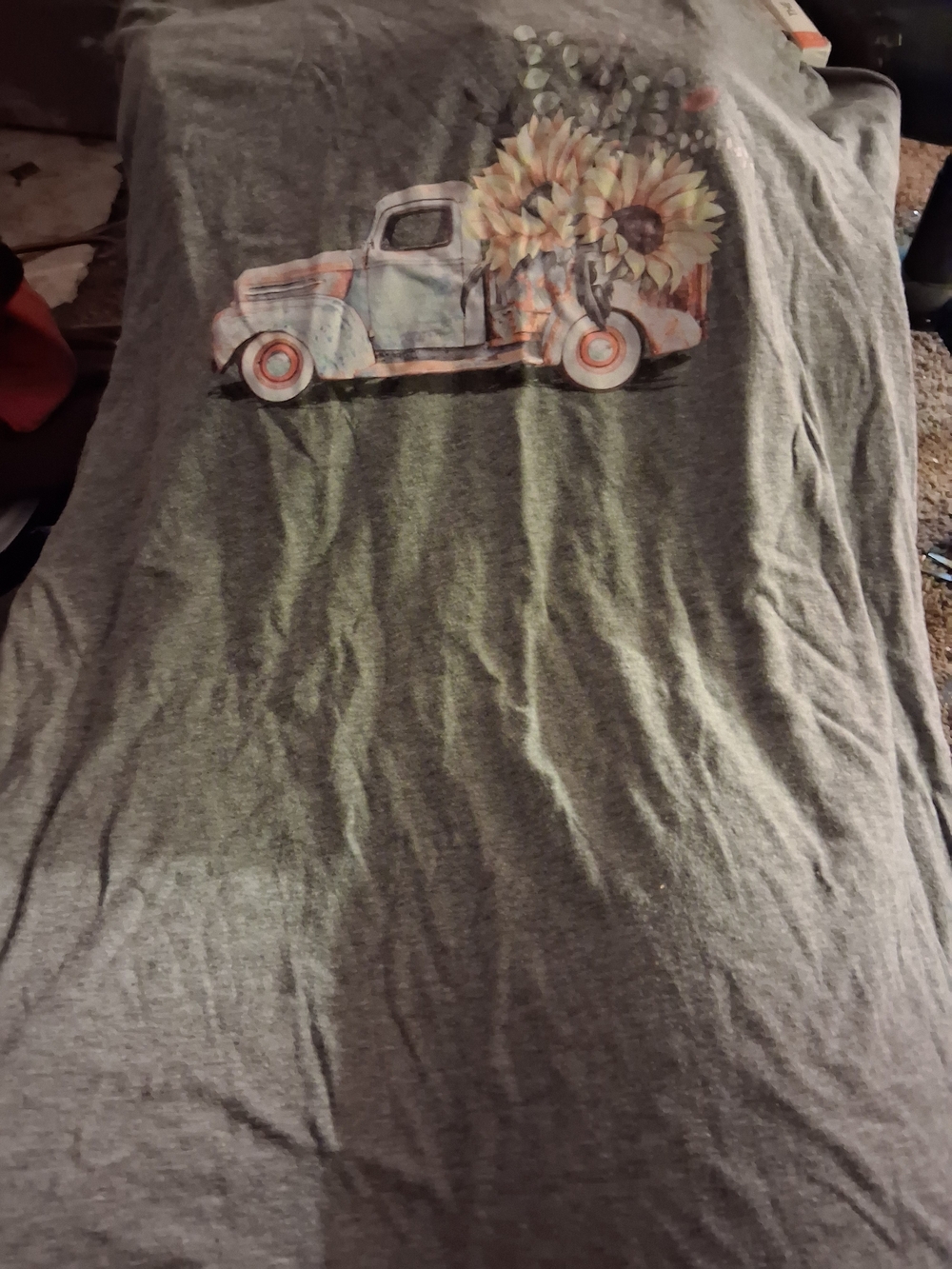 Kids Gray Graphic Tee with Vintage Truck and Sunflowers